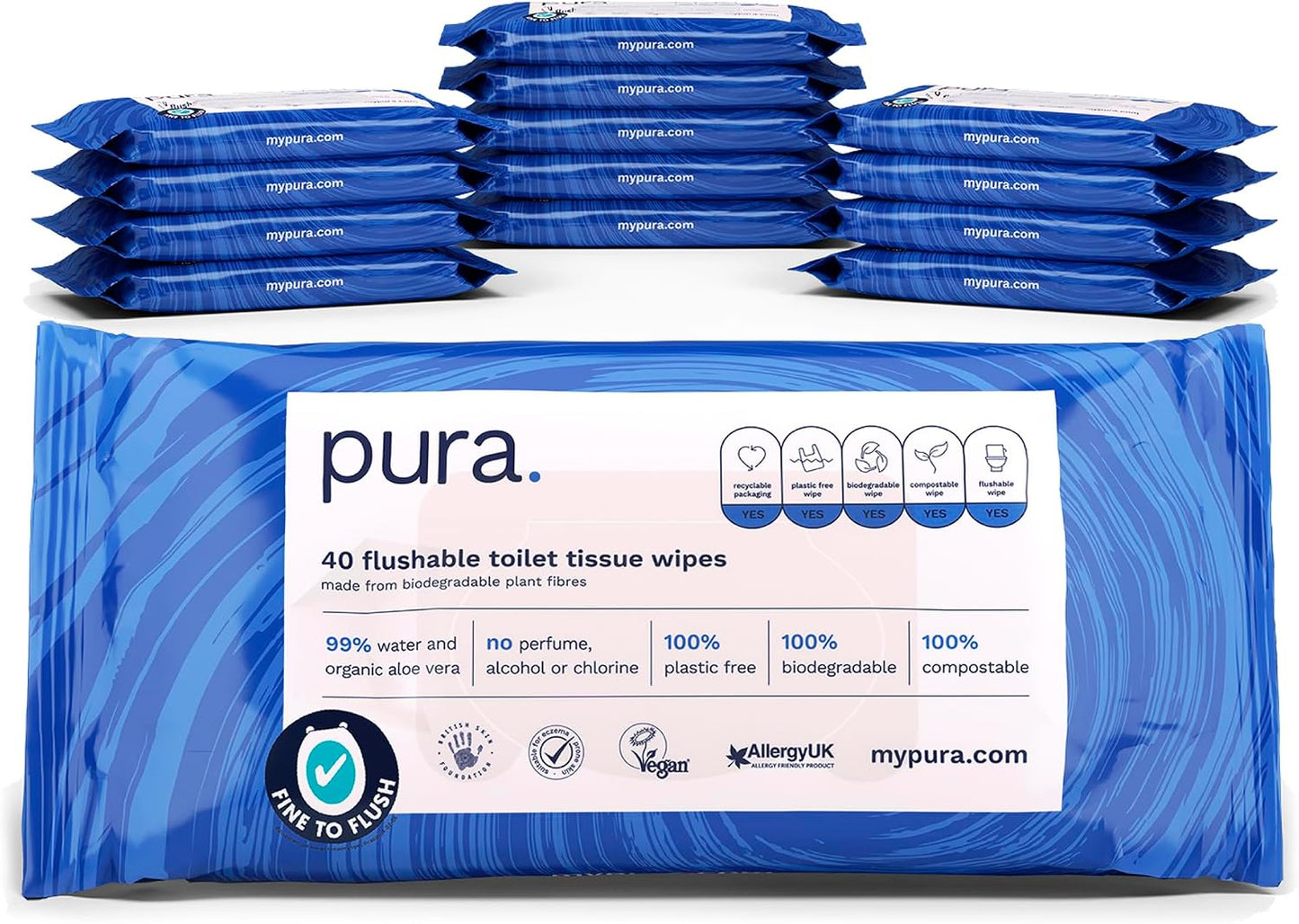 Pura Flushable Moist Toilet Tissue Wipes – 99% Water, 100% Plastic Free, Fine to Flush, Biodegradable & Compostable, 560 Wipes