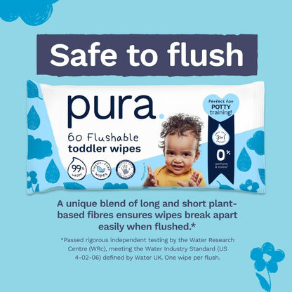 Pura Flushable Baby Wipes – 12 Packs | 720 Wipes | 99% Water | Plastic Free