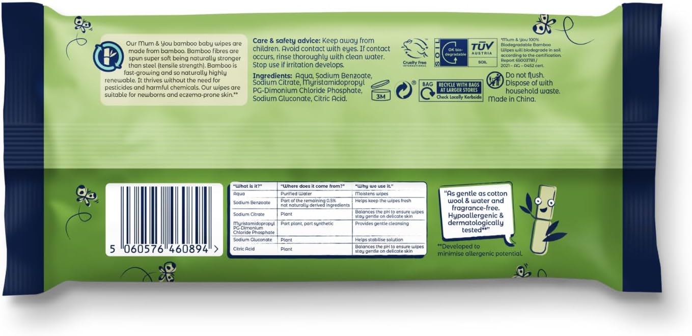 Mum & You Bamboo Baby Wipes Multipack – 99.4% Water, 100% Biodegradable, Fragrance Free, Sensitive Skin, 1080 Wipes