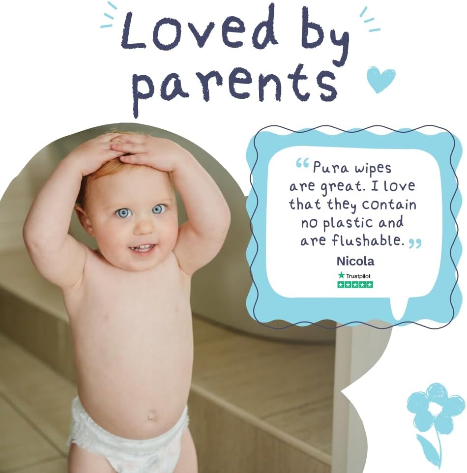 Pura Flushable Baby Wipes – 12 Packs | 720 Wipes | 99% Water | Plastic Free