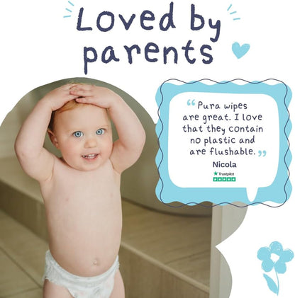 Pura Flushable Baby Wipes – 12 Packs | 720 Wipes | 99% Water | Plastic Free