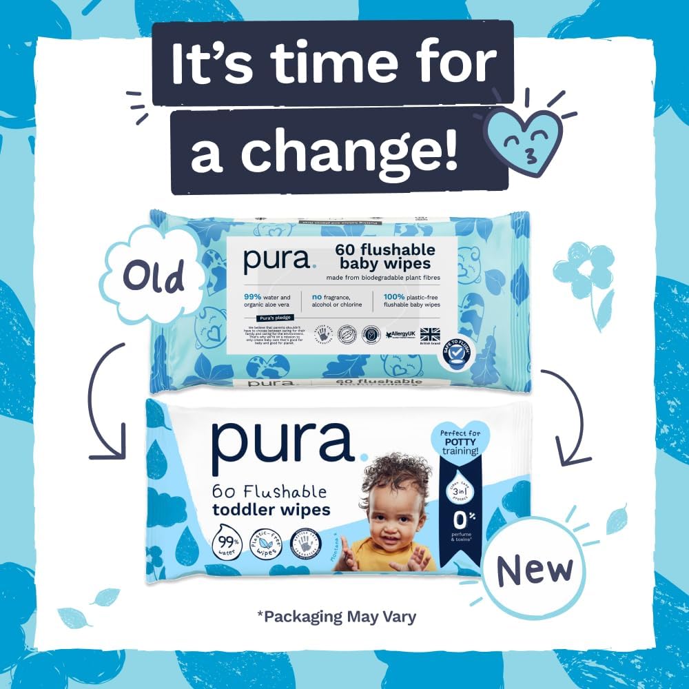 Pura Flushable Baby Wipes – 12 Packs | 720 Wipes | 99% Water | Plastic Free