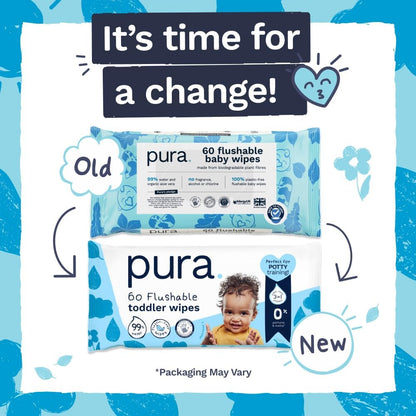Pura Flushable Baby Wipes – 12 Packs | 720 Wipes | 99% Water | Plastic Free