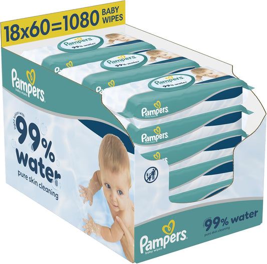 Pampers 99% Water Baby Wipes – 1080 Count | Fragrance Free | Newborn & Sensitive Skin
