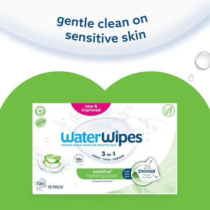 WaterWipes Sensitive+ Hydrating Boost Wipes – 12 Pack | 99% Purified Water | Unscented