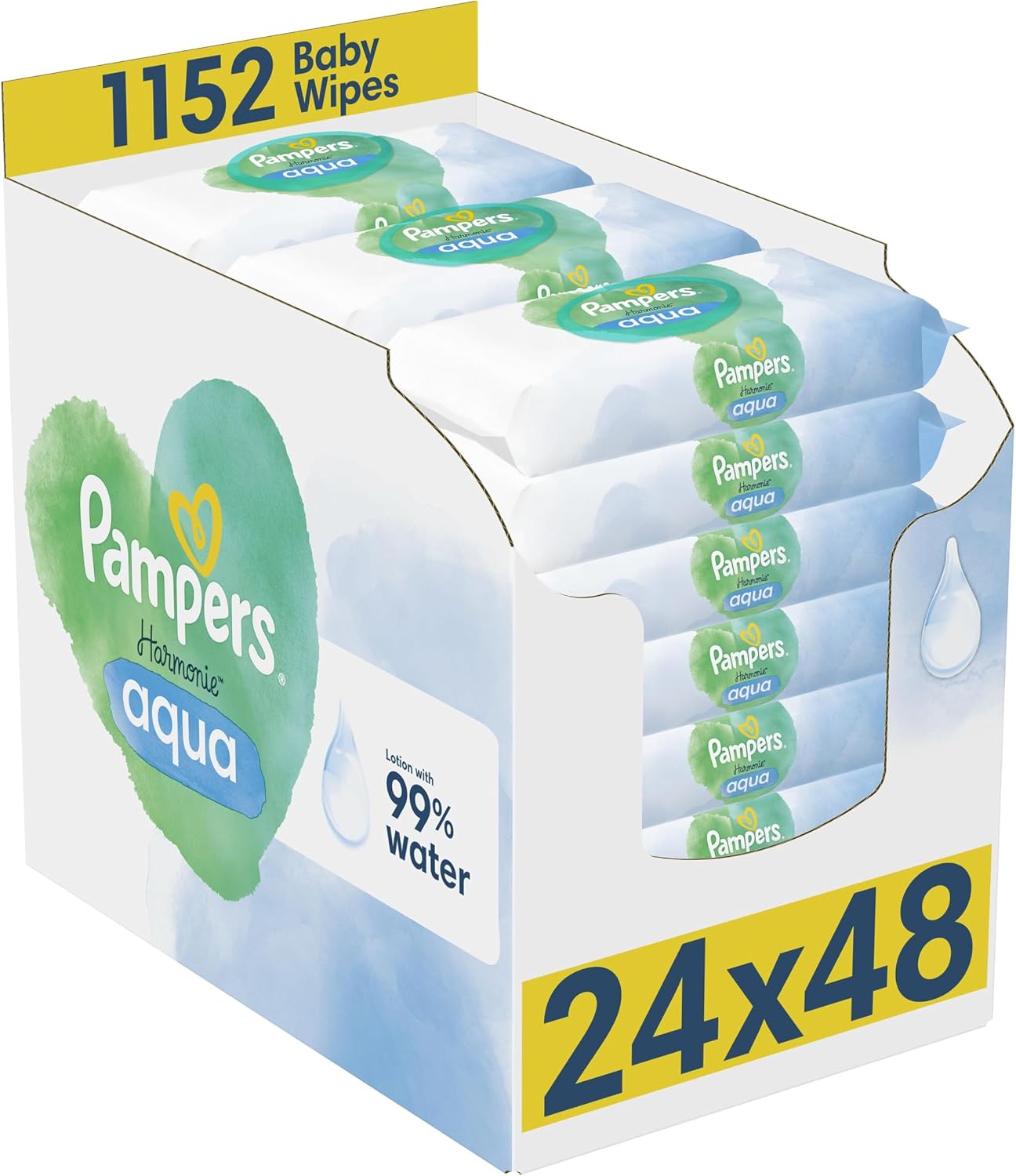 Pampers Harmonie Aqua Baby Wipes Plastic Free – 1152 Count | 99% Water | Sensitive & Newborn Skin