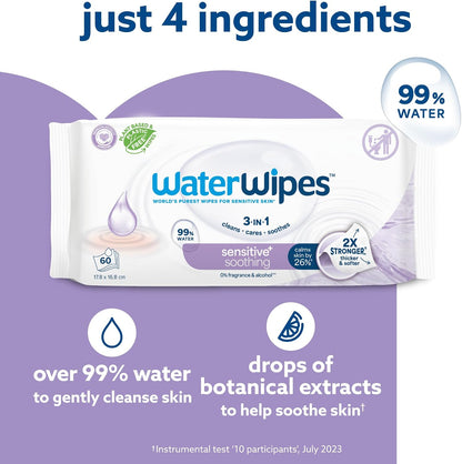 WaterWipes Sensitive+ Soothing Wipes – 12 Pack | 99% Purified Water | Unscented