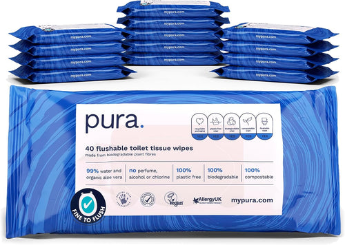 Pura Flushable Moist Toilet Tissue Wipes – 99% Water, 100% Plastic Free, Fine to Flush, Biodegradable & Compostable, 560 Wipes