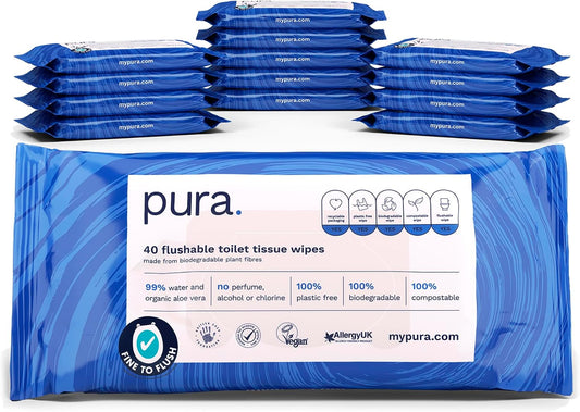 Pura Flushable Moist Toilet Tissue Wipes – 99% Water, 100% Plastic Free, Fine to Flush, Biodegradable & Compostable, 560 Wipes
