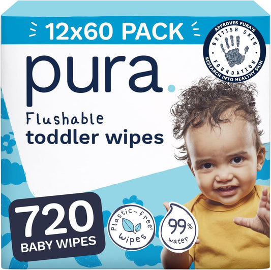 Pura Flushable Baby Wipes – 12 Packs | 720 Wipes | 99% Water | Plastic Free