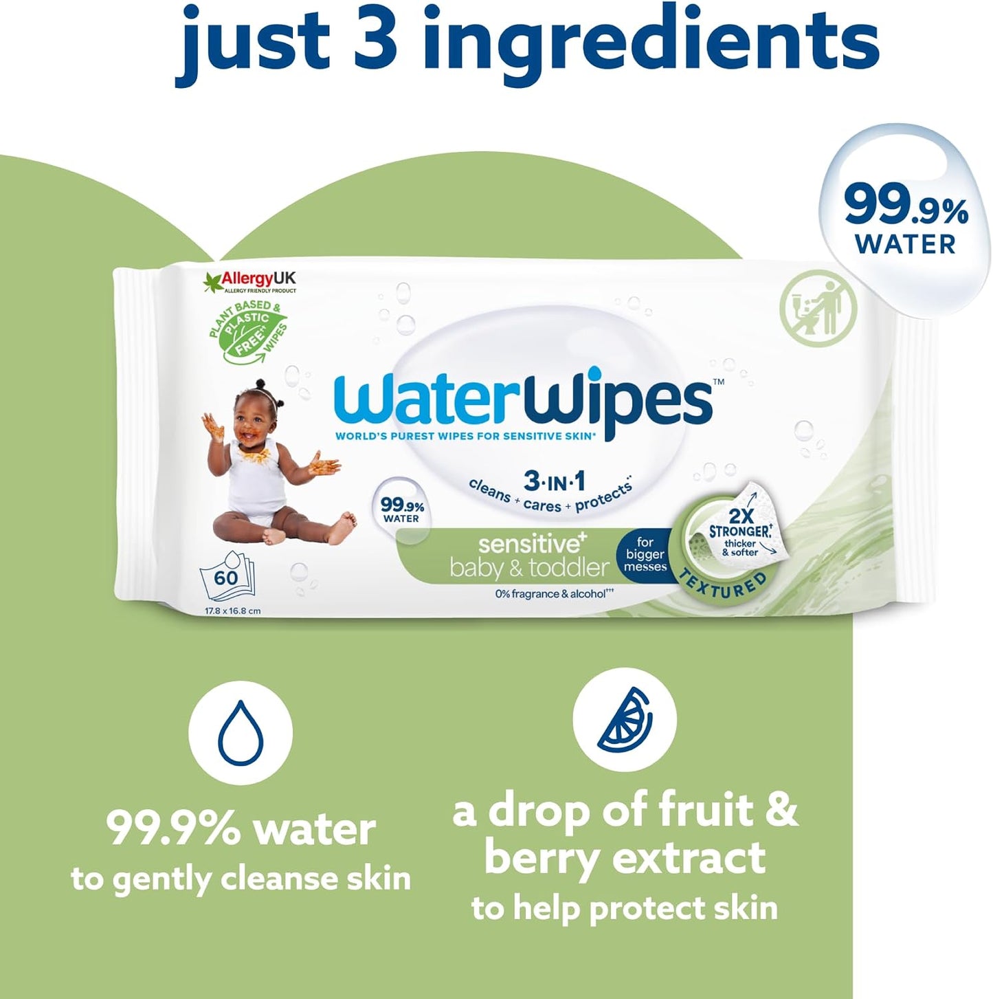 WaterWipes Sensitive+ Baby & Toddler Wipes – 12 Pack | 99.9% Purified Water | Unscented