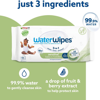 WaterWipes Sensitive+ Baby & Toddler Wipes – 12 Pack | 99.9% Purified Water | Unscented