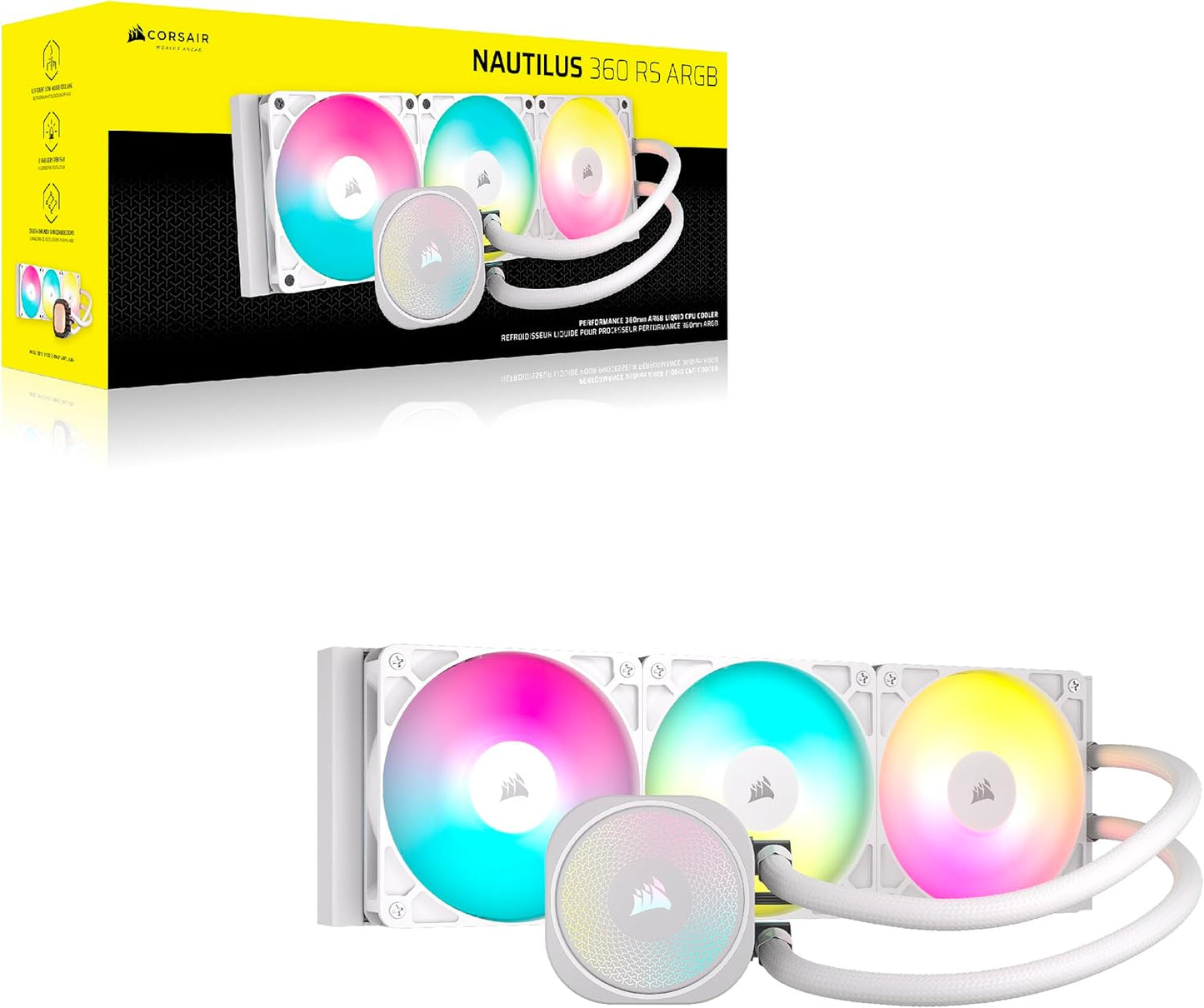 Corsair Nautilus 360 RS ARGB White Liquid CPU Cooler - 360mm AIO Low-Noise Triple Fan (CW-9060090-WW)