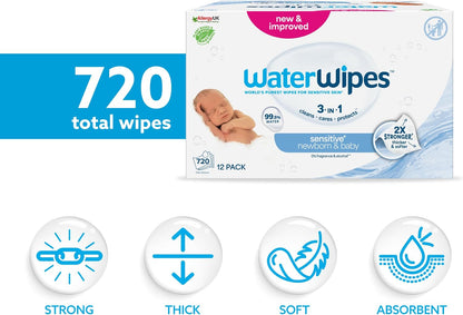WaterWipes Sensitive+ Newborn & Baby Wipes – 12 Pack | 99.9% Purified Water | Unscented