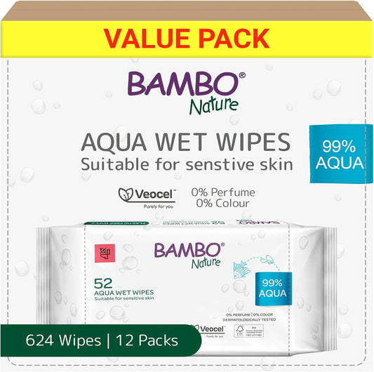 Bambo Nature Aqua Wet Wipes – 12 Packs | 624 Wipes | 99% Water | Sensitive & Newborn Skin