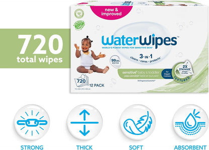 WaterWipes Sensitive+ Baby & Toddler Wipes – 12 Pack | 99.9% Purified Water | Unscented