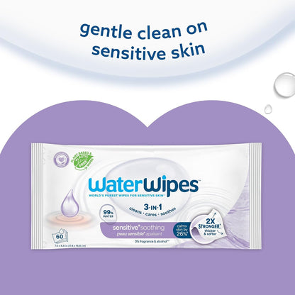 WaterWipes Sensitive+ Soothing Wipes – 12 Pack | 99% Purified Water | Unscented