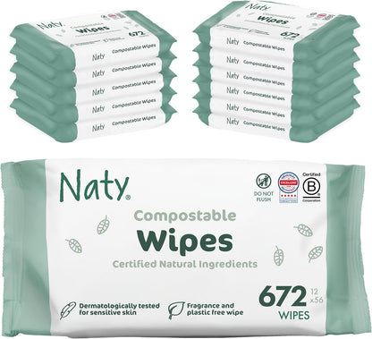 Naty Baby Wipes – 98% Purified Water, Hypoallergenic, Plastic Free & Compostable, Fragrance Free, 672 Wipes