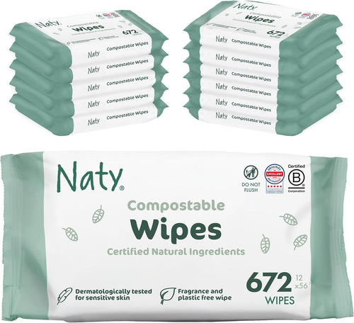 Naty Baby Wipes – 98% Purified Water, Hypoallergenic, Plastic Free & Compostable, Fragrance Free, 672 Wipes