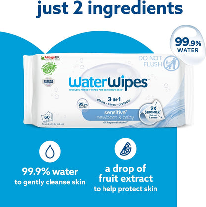 WaterWipes Sensitive+ Newborn & Baby Wipes – 12 Pack | 99.9% Purified Water | Unscented