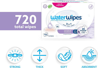 WaterWipes Sensitive+ Soothing Wipes – 12 Pack | 99% Purified Water | Unscented