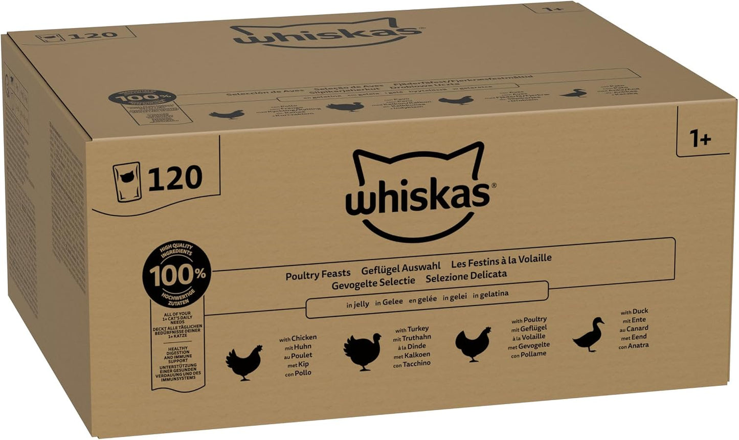 WHISKAS Adult Wet Cat Food in Jelly – Poultry Feasts 120 x 85g