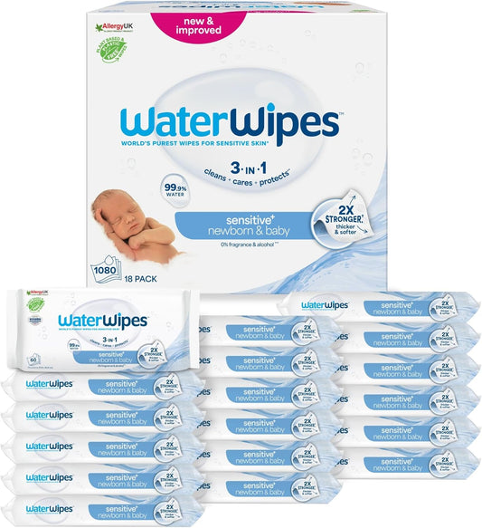 WaterWipes Sensitive+ Newborn & Baby Wipes – 18 Pack | 99.9% Purified Water | Unscented
