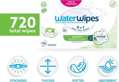 WaterWipes Sensitive+ Hydrating Boost Wipes – 12 Pack | 99% Purified Water | Unscented