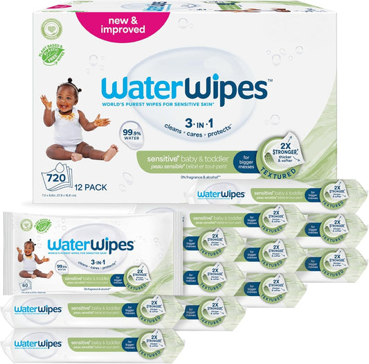 WaterWipes Sensitive+ Baby & Toddler Wipes – 12 Pack | 99.9% Purified Water | Unscented