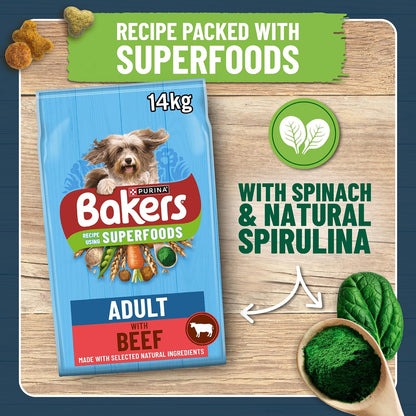 BAKERS Adult Dry Dog Food Beef & Veg with Spirulina & Spinach – 14KG