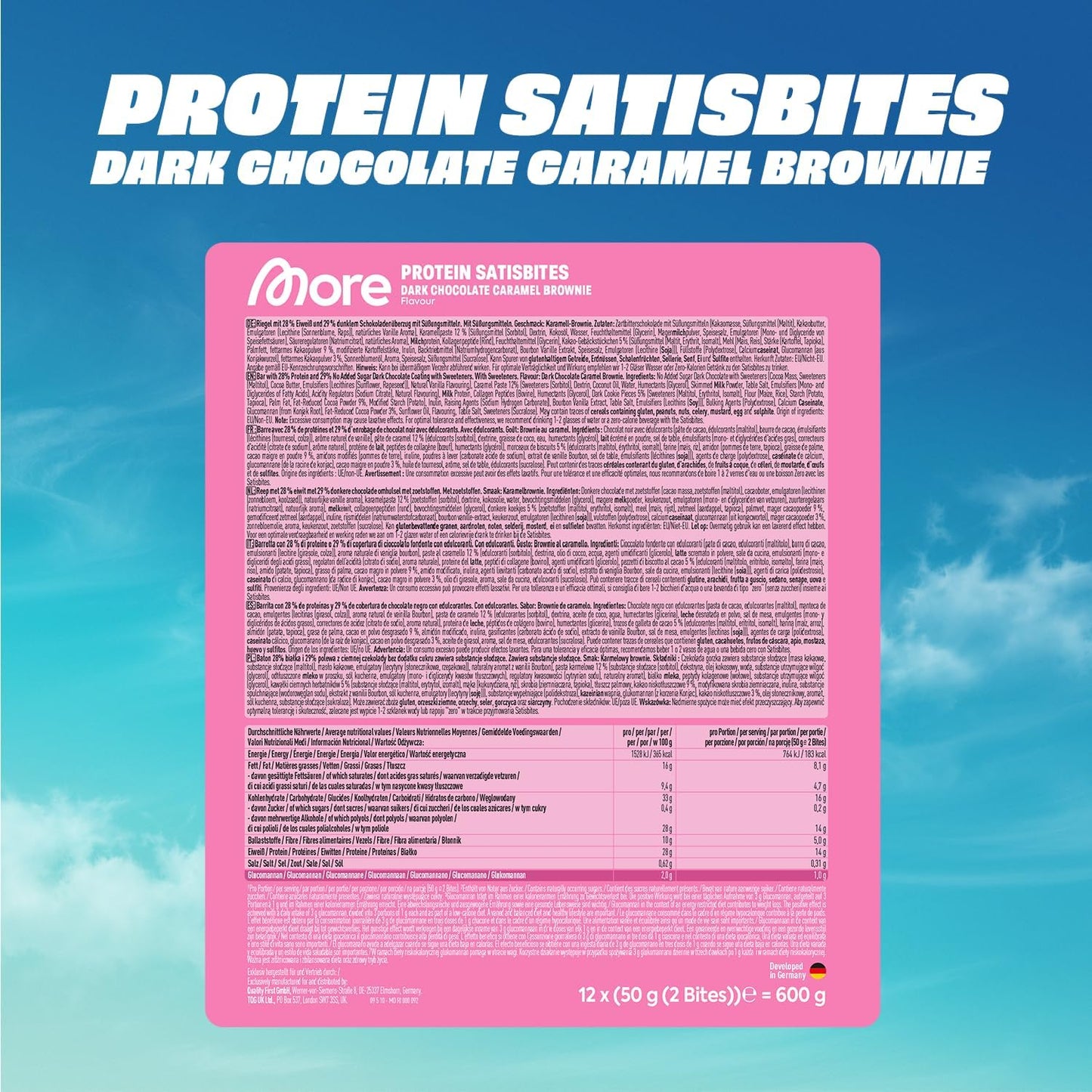 More Protein Satisbites – Dark Chocolate Caramel Brownie, 12 x 2 x 25g, High Protein Snack, No Added Sugar