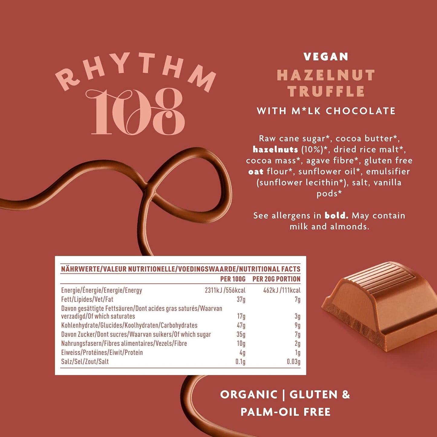 Rhythm 108 Swiss M’lk & Hazelnut Truffle Chocolate – 100g, Pack of 9