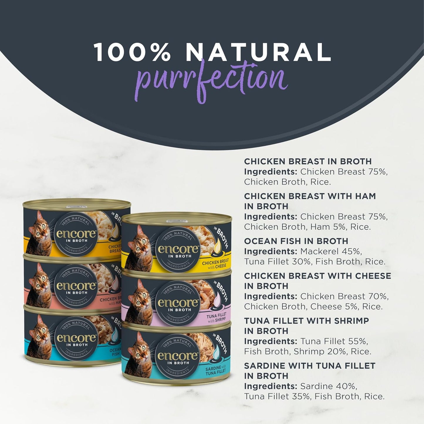 Encore 100% Natural Adult Wet Cat Food – Chicken & Fish Selection in Broth – 48 x 70g Tins