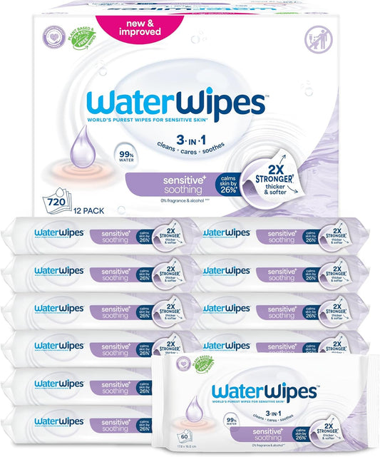 WaterWipes Sensitive+ Soothing Wipes – 12 Pack | 99% Purified Water | Unscented
