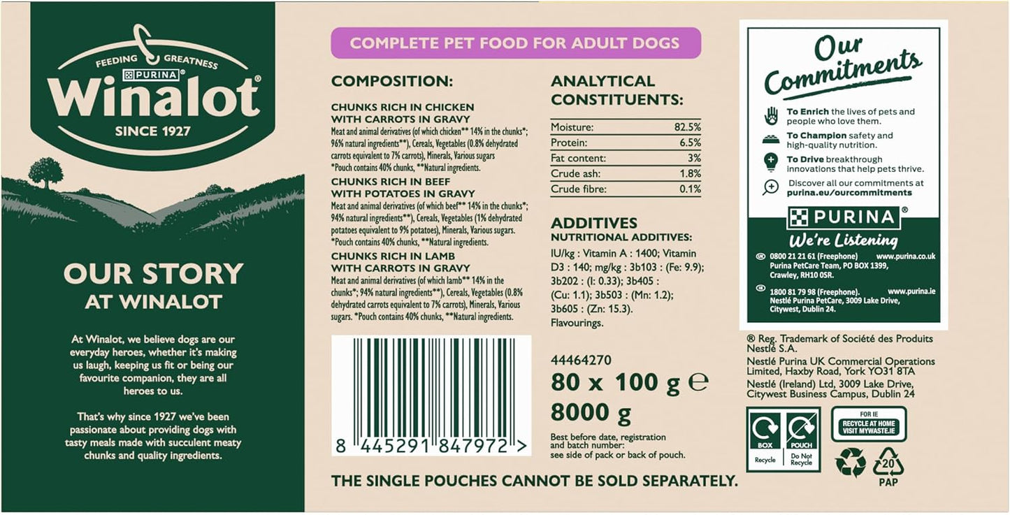 WINALOT Meaty Chunks Mixed in Gravy Wet Dog Food – 80 x 100g