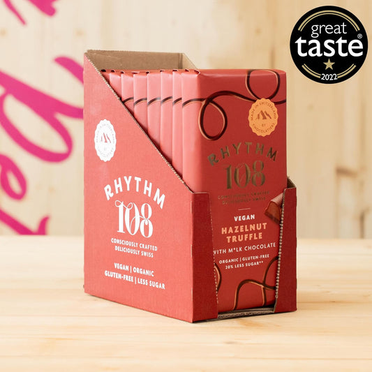 Rhythm 108 Swiss M’lk & Hazelnut Truffle Chocolate – 100g, Pack of 9