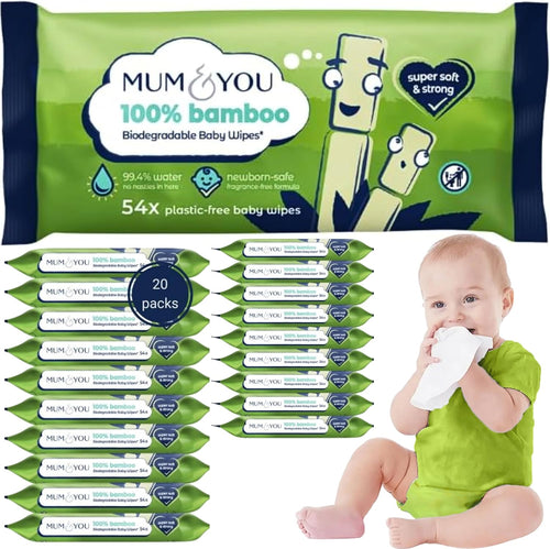 Mum & You Bamboo Baby Wipes Multipack – 99.4% Water, 100% Biodegradable, Fragrance Free, Sensitive Skin, 1080 Wipes