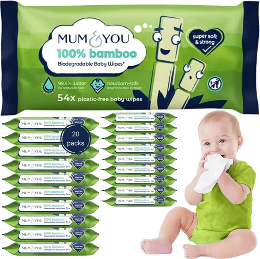 Mum & You Bamboo Baby Wipes Multipack – 99.4% Water, 100% Biodegradable, Fragrance Free, Sensitive Skin, 1080 Wipes