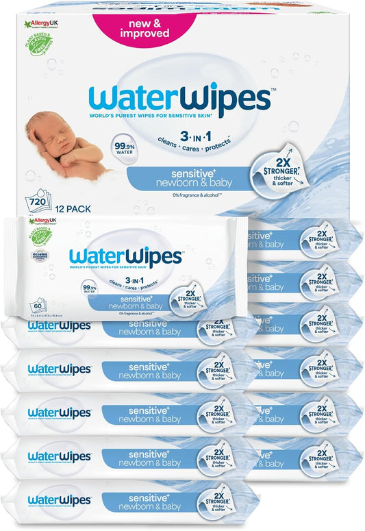 WaterWipes Sensitive+ Newborn & Baby Wipes – 12 Pack | 99.9% Purified Water | Unscented