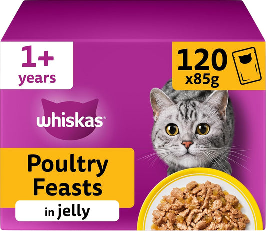 WHISKAS Adult Wet Cat Food in Jelly – Poultry Feasts 120 x 85g