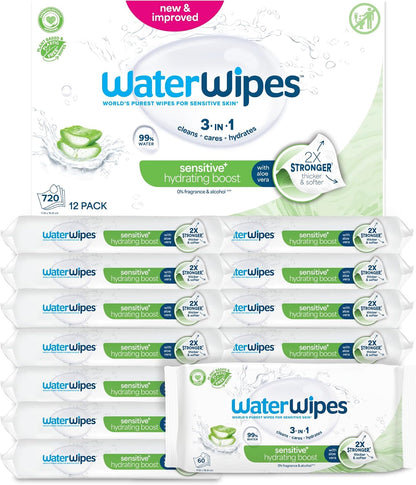WaterWipes Sensitive+ Hydrating Boost Wipes – 12 Pack | 99% Purified Water | Unscented