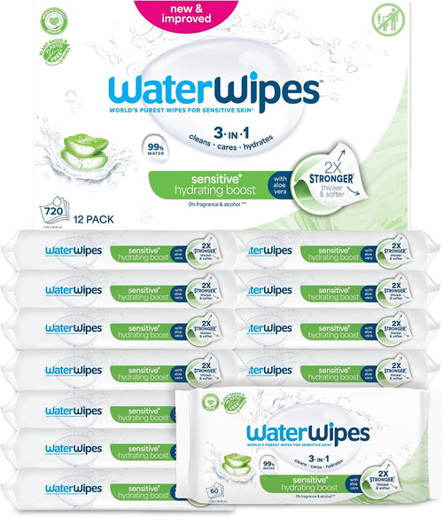 WaterWipes Sensitive+ Hydrating Boost Wipes – 12 Pack | 99% Purified Water | Unscented