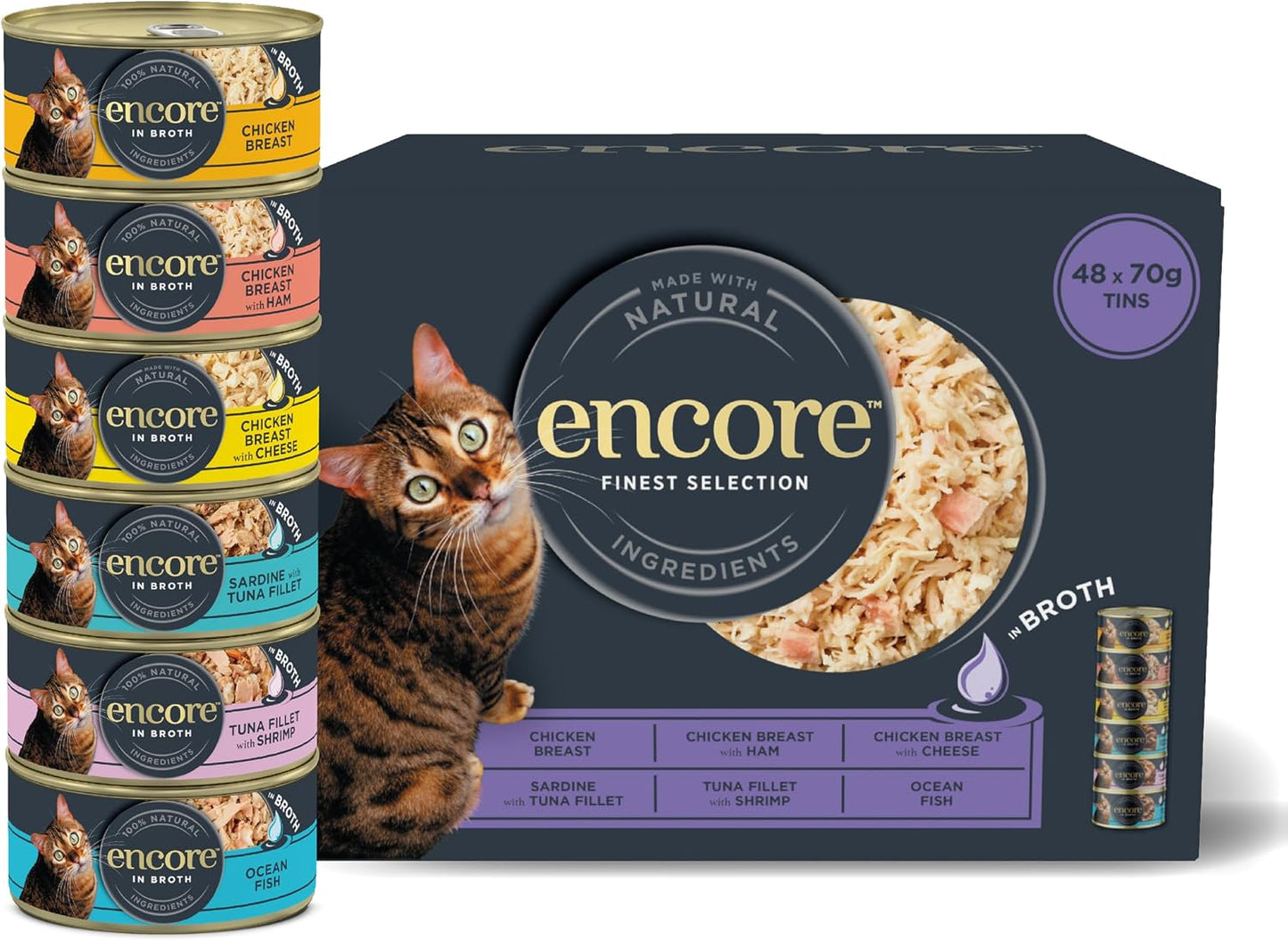 Encore 100% Natural Adult Wet Cat Food – Chicken & Fish Selection in Broth – 48 x 70g Tins
