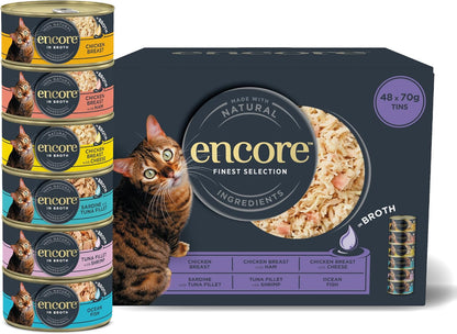Encore 100% Natural Adult Wet Cat Food – Chicken & Fish Selection in Broth – 48 x 70g Tins
