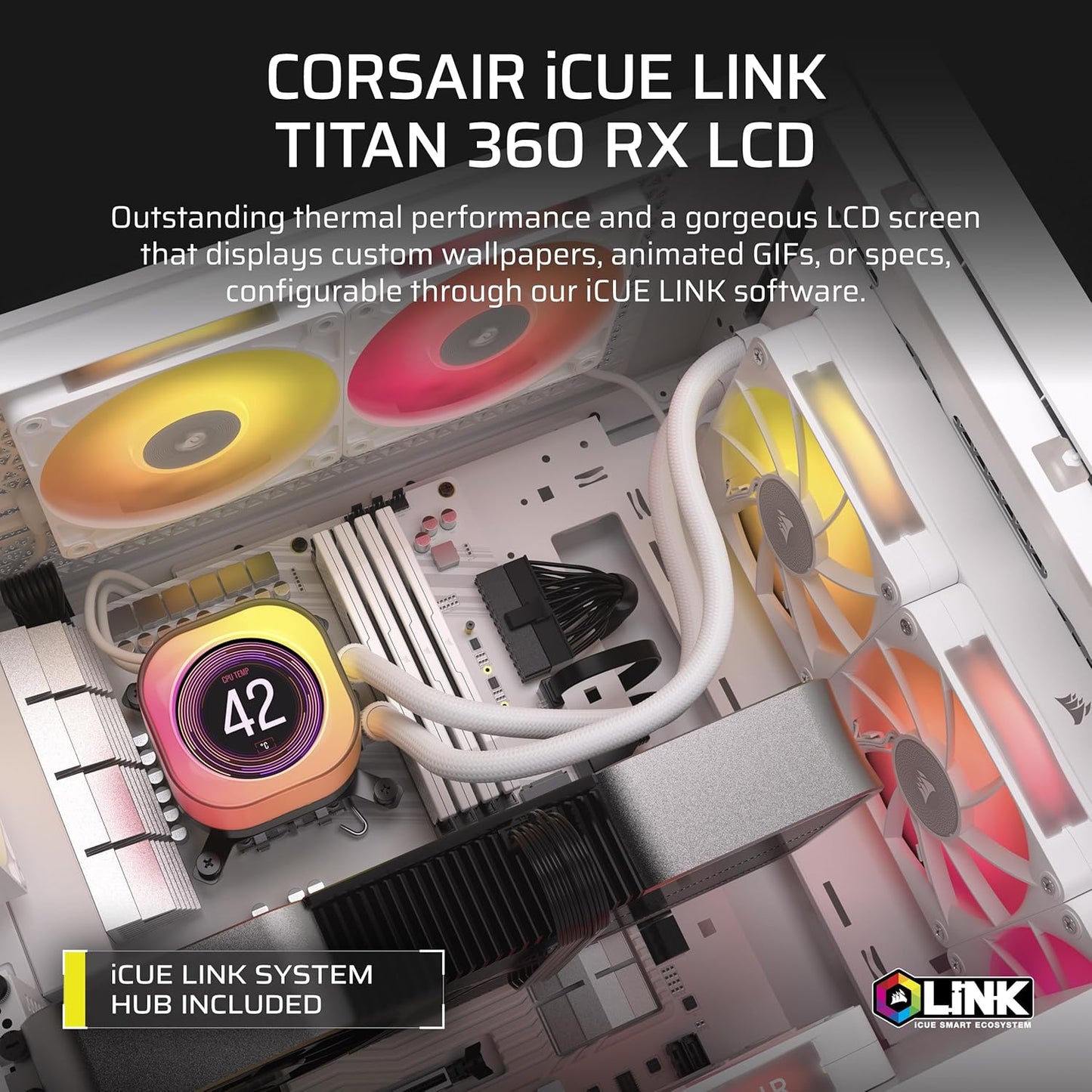 Corsair iCUE Link Titan 360 RX LCD White Liquid CPU Cooler - 360mm AIO Custom IPS Screen Hub (CW-9060092-WW)